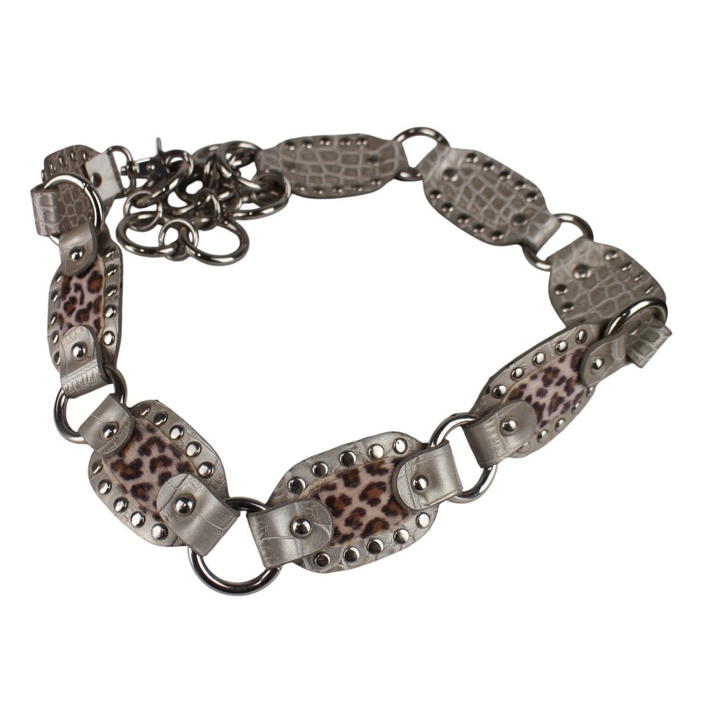 Kathy Van Zeland Studded Leopard Print Leather Chain Link Waist Belt Silver OS - Picture 4 of 7